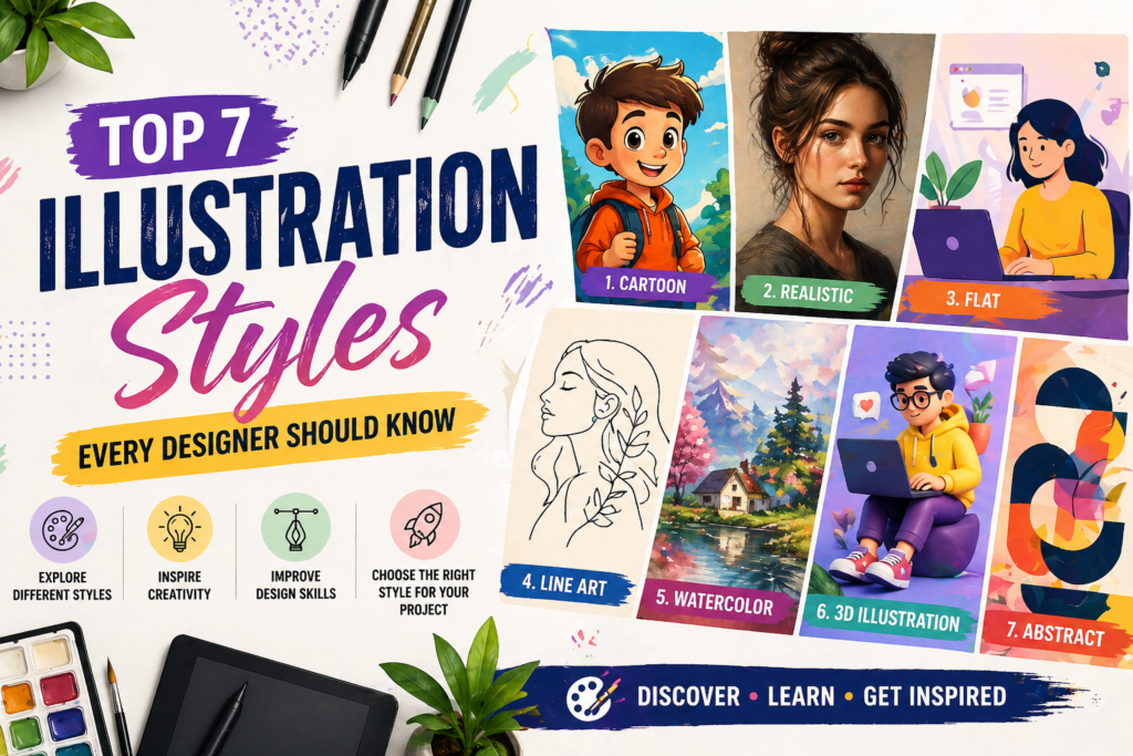 Colorful banner showing top 7 illustration styles like cartoon, realistic, flat, line art, watercolor, 3D, and abstract design