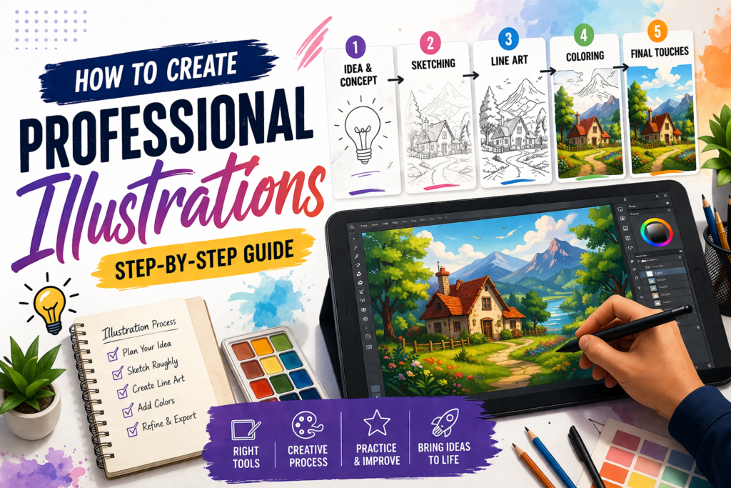 Step-by-step guide showing how to create professional digital illustrations