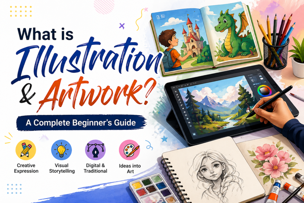 Colorful illustration showing digital and hand-drawn artwork tools for beginners